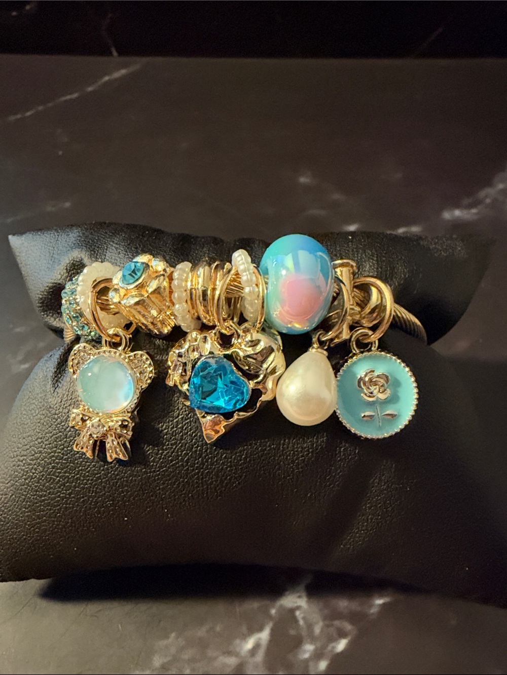 Gold-Tone Teddy Bear, Heart Charm Bracelet with Turquoise and Pearl Accents